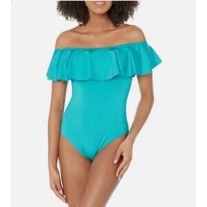 Trina Turk Monaco Swimsuit Size 14 Sea Mist Blue Ruffled Off the Shoulder